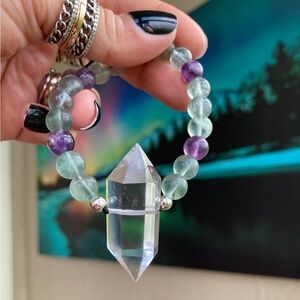 Big double point Crystal quartz fluorite gemstones bead adjustable bracelet